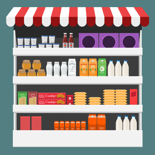 Diversi prodotti scatole, confezioni e bottiglie sullo scaffale in negozio. Design piatto e tinta unita
. - Vettoriali, immagini