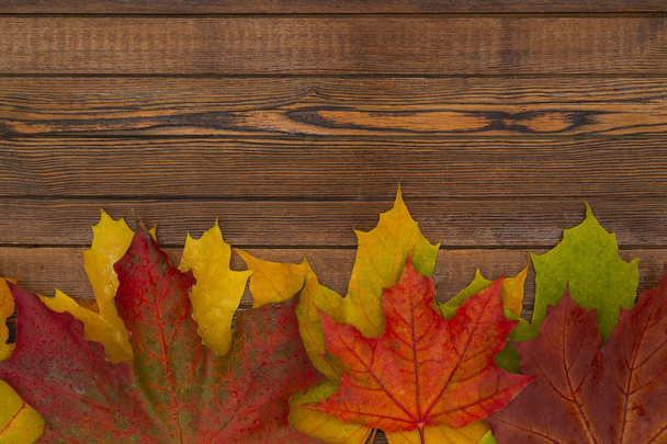 Banner de outono com folhas amarelas no fundo texturizado de madeira. Fundo de queda para o dia de ação de graças
 - Foto, Imagem