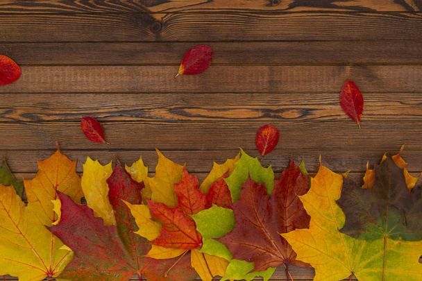 Herbstbanner mit gelben Blättern auf hölzernem Hintergrund. Hintergrund für Erntedankfest - Foto, Bild