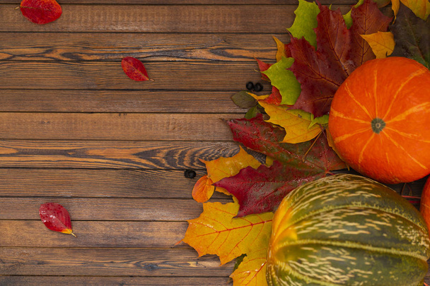 Kiitospäivän tausta. Syksyllä vihanneksia, marjoja ja lehtiä puulaudalla. Kiitospäivän käsite
. - Valokuva, kuva
