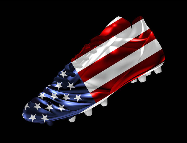Soccer football boot with the flag of the USA printed on it, isolated on dark background, vector illustration 3d, 3 dimension, print, design - Vector, Image
