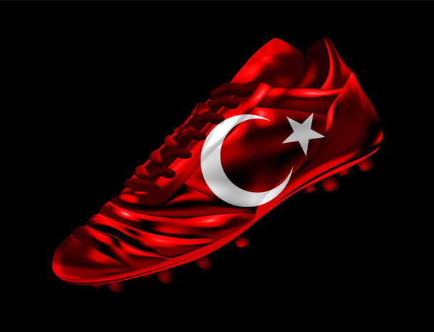 Bota de futebol de futebol com a bandeira da Turquia impresso nele, isolado em fundo escuro, ilustração vetorial 3d, 3 dimensão, impressão, design
 - Vetor, Imagem