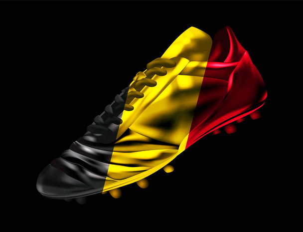 Fußballschuh mit aufgedruckter belgischer Flagge, isoliert auf dunklem Hintergrund, Vektorabbildung 3d, 3 dimensional, Druck, Design - Vektor, Bild