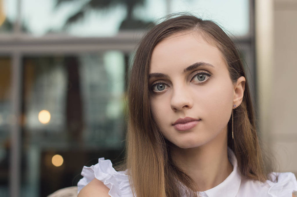 Portrait de jeune femme européenne aux cheveux bruns et aux grands yeux bleus
 - Photo, image