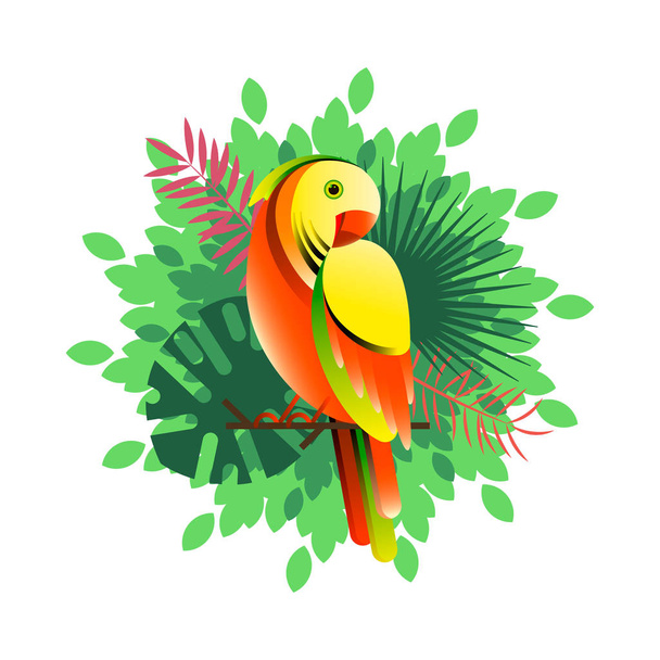Vector flat illustration of a parrot with tropical leaves composition background - Vector, Image