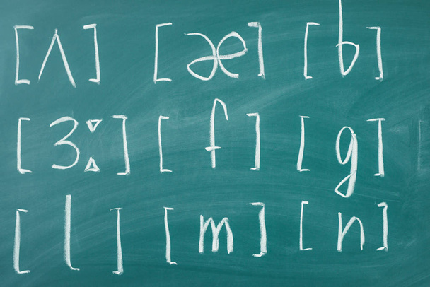 İngilizce okul ders sınıfı kara tahta uluslararası fonetik alfabe öğrenin. - Fotoğraf, Görsel