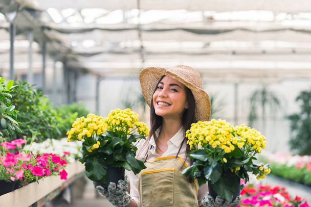 Pretty female gardener taking care of plants in her flowers and plants shop - Asian woman working in a greenhouse - Valokuva, kuva