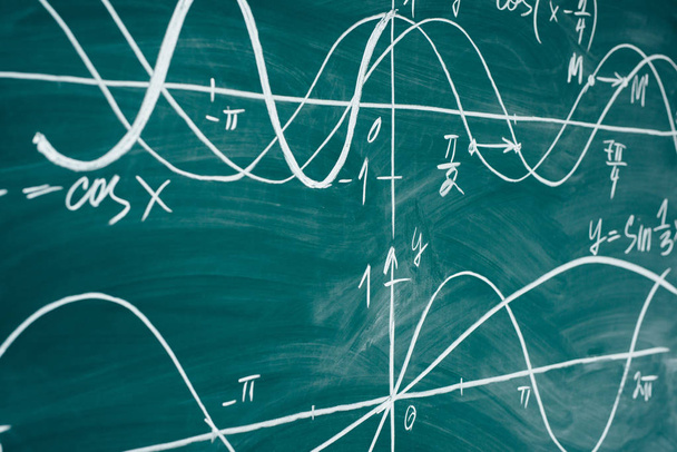 School math lesson. Trigonometry. Chalkboard Function graphs. - Photo, Image