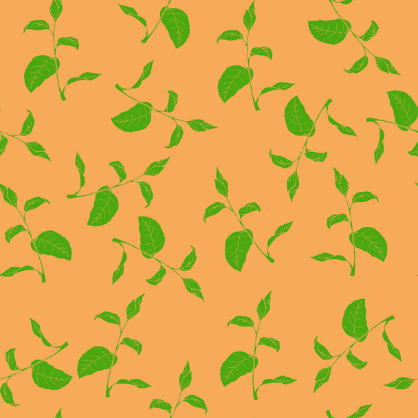 Seamless pattern with abstract green branches with leaves on yelow background. Hand drawn vector illustration.  - Vecteur, image
