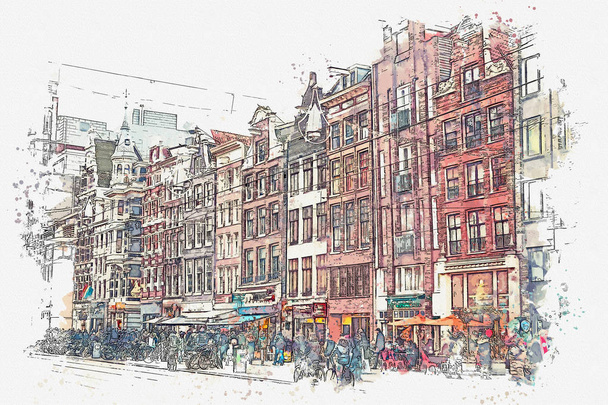ілюстрації або аквареллю ескіз. Традиційні старовинної архітектури в Амстердамі. - Фото, зображення