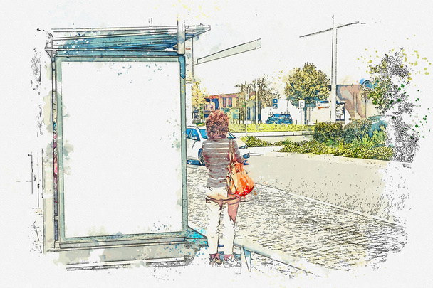 A watercolor sketch or an illustration. A woman stands at the bus stop - Photo, Image