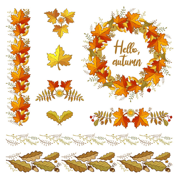 Set of autumn floral elements and editable brush. Oak and maple leaves and herbs. Template for your fall design - Vector, Image