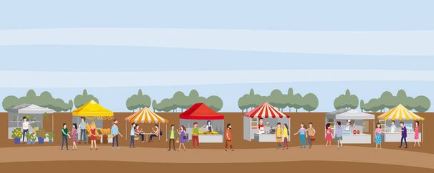 Festiwal odkryty z food trucki, markizy, namioty, lody, Kawa, hot dog, kwiaty, piekarnia, spaceru ludzi, mężczyzn i kobiet, kupno i sprzedaż towarów na jesień w parku. Ilustracja wektorowa płaskie kreskówka - Wektor, obraz