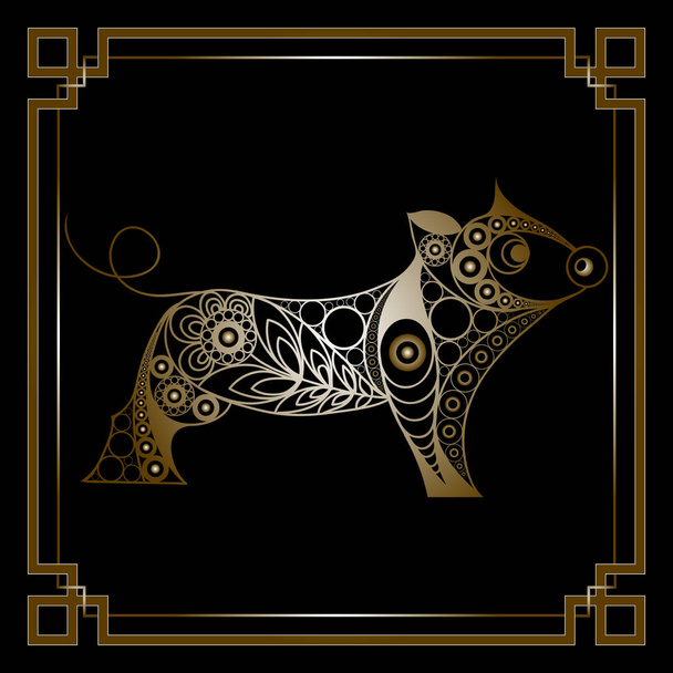 Illustration of earth pig, symbol of 2019. Silhouette of swine, decorated with floral pattern. Vector element for New Year's design. - Vector, imagen