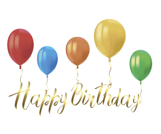 Realistische bunte Luftballons mit Spiegeln und der goldenen Aufschrift HAPPY BIRTHDAY auf weißem Hintergrund. Festliches Dekor-Element für Geburtstagsfeier oder Ballon-Grußkarten-Gestaltungselement. Vektor - Vektor, Bild