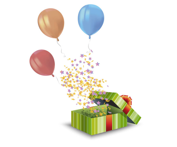 Realistyczne powietrze latające kolorowe balony z odbiciami, pudełko z prezentami i konfetti na białym tle. Element świąteczny wystroju na przyjęcie urodzinowe lub balon element projektu karty okolicznościowej. Wektor - Wektor, obraz