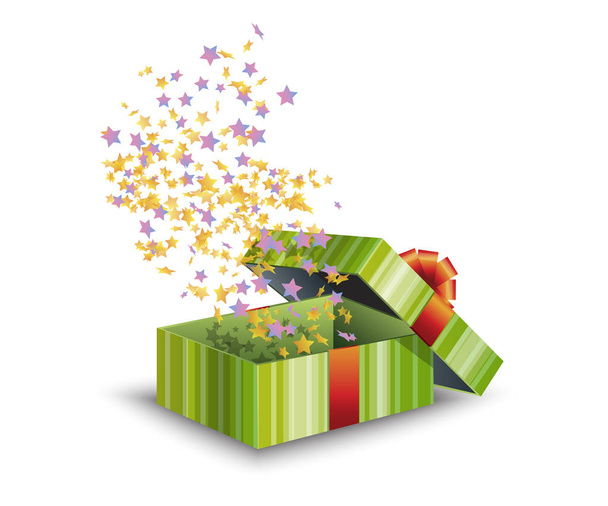 Grüne Geschenkbox und Konfetti isoliert auf weißem Hintergrund. Festliches Dekorationselement für Geburtstagsfeier oder Gestaltungselement für Grußkarten. Vektorillustration - Vektor, Bild