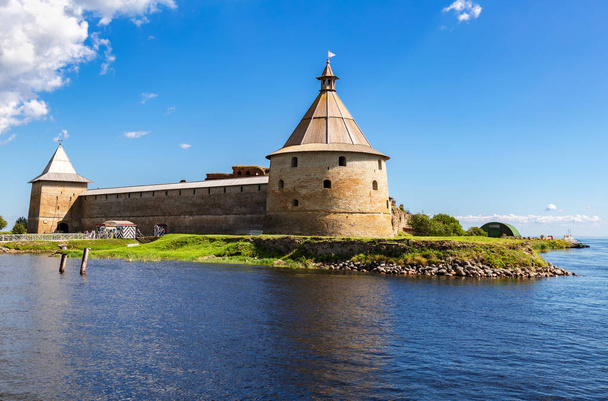 Shlisselburg, Russia - August 8, 2018: Historical Oreshek fortress is an ancient Russian fortress. Shlisselburg Fortress near the St. Petersburg, Russia. Founded in 1323 - Zdjęcie, obraz