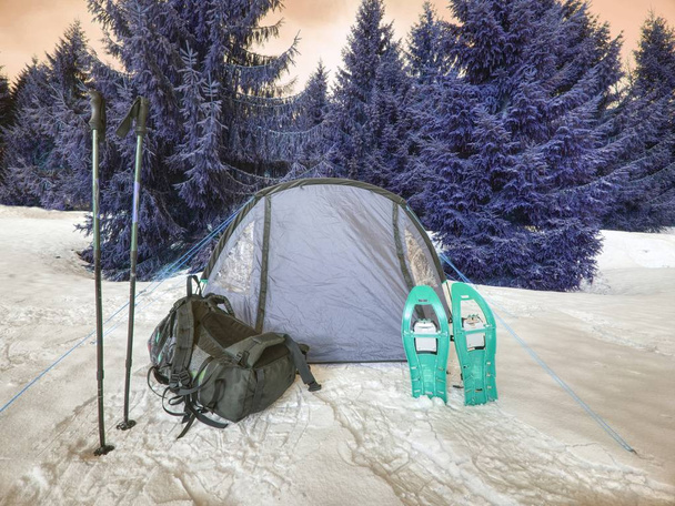 Könnyű turisztikai sátor hó és a fák között. Csatlakozzon a kereszt a téli havas hegyek felett. Téli akialpinism nyom. - Fotó, kép