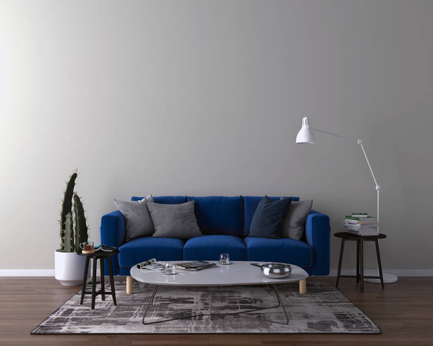 Soggiorno interno con divano, cuscini e tavolino su sfondo parete chiara. Rendering 3D
. - Foto, immagini