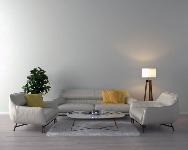 Living room interior with sofa, pillows, and coffee table on light wall background. 3D rendering. - Photo, Image