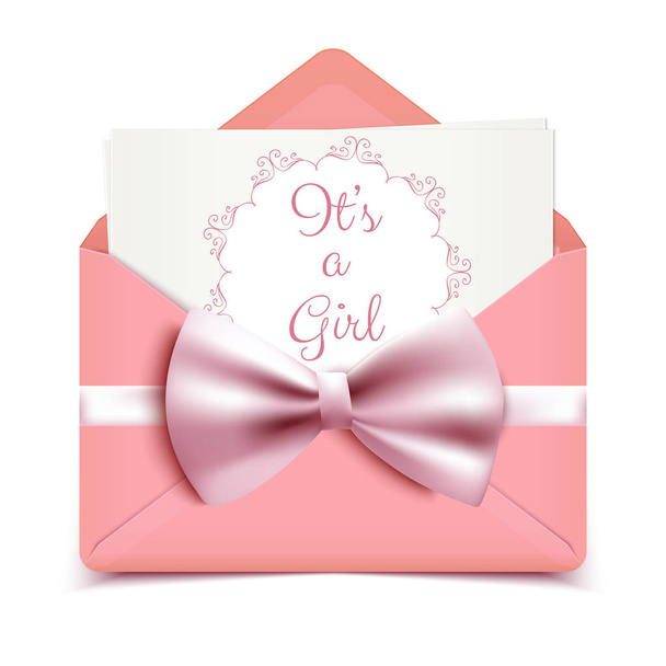 Its a girl baby shower cute card invitation with pink envelope and decorative bow - Vector, Image