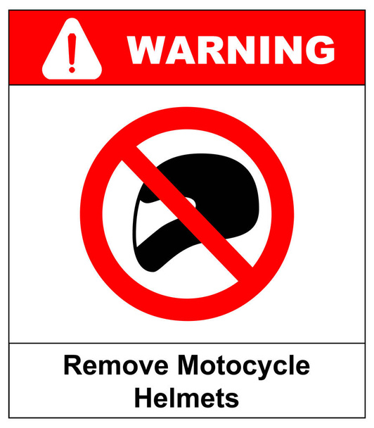 Remover capacetes de motocicleta ícone de proteção e proibição, não deve usar capacete na sala ou área. Banner de aviso com texto
 - Foto, Imagem