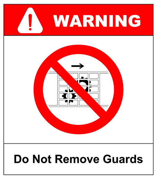 Verwijder geen bewakers bord met tandrad. Bewakers moeten worden ingevoerd. Informatie verbod symbool in een rode cirkel geïsoleerd op wit. illustratie - Foto, afbeelding