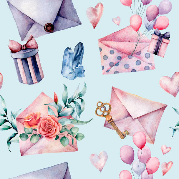 Watercolor birthday decor seamless pattern with envelope and gift box. Hand painted air balloons, bouquet of flowers, key isolated on blue background. Pastel decor collection. Holiday illustrations. - Fotografie, Obrázek