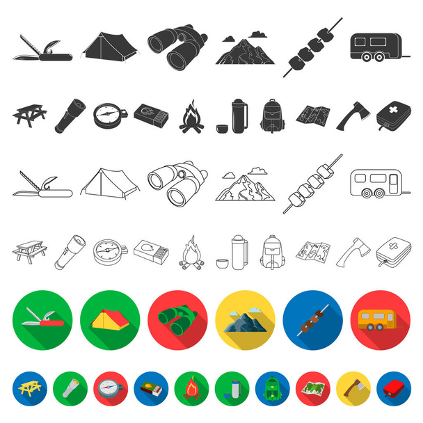 Descanse en los iconos planos de camping en la colección de conjuntos para el diseño. Camping y equipo vector símbolo stock web ilustración
. - Vector, imagen