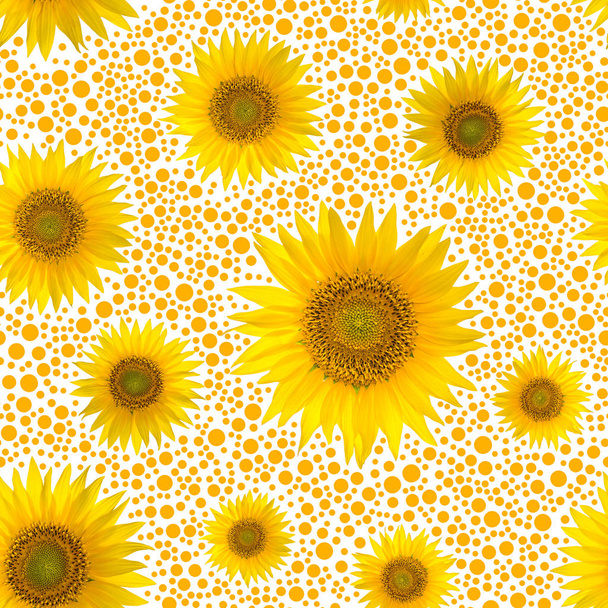 Büyük parlak ayçiçeği ve sarı zemin üzerine noktalar ile Seamless modeli - Fotoğraf, Görsel