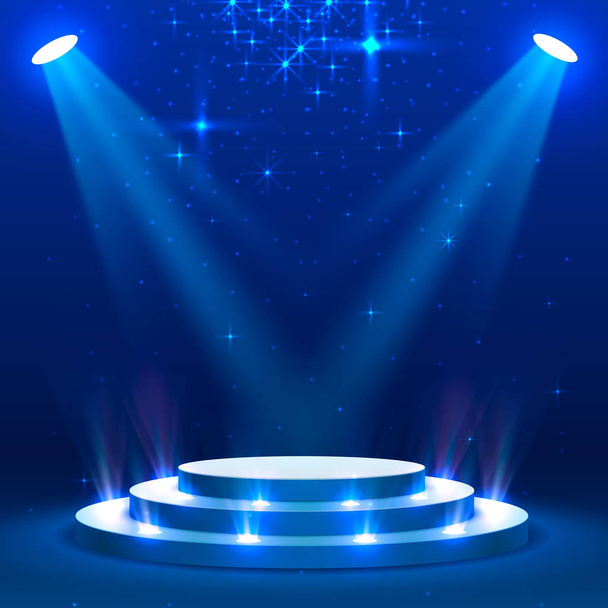 Podio escénico con iluminación, Escena de podio escénico con para la ceremonia de entrega de premios sobre fondo azul, ilustración vectorial - Vector, imagen