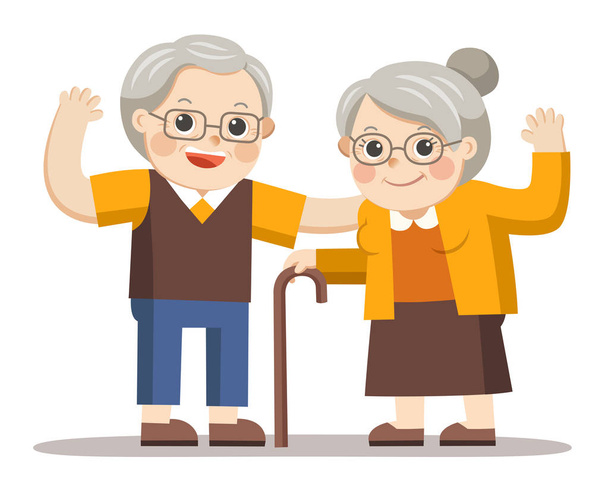 Дедушка и бабушка стоят вместе. Два пожилых мужчины и женщины пенсионеров
.  - Вектор,изображение