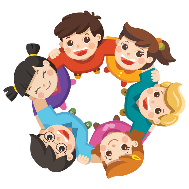 Niños y niñas de la amistad de pie brazo en brazo formando un círculo mirando al espectador. Grupo feliz niños aislados
. - Vector, Imagen