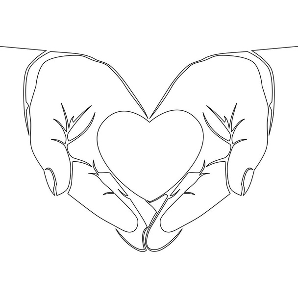 Una línea continua dibujo mano sosteniendo el corazón sobre fondo blanco vector ilustración órgano donación concepto
 - Vector, Imagen