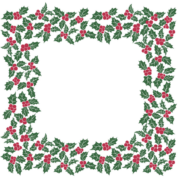 Square frame of Christmas holly leaves.Seamless pattern of green leaves and red berries. - Vetor, Imagem