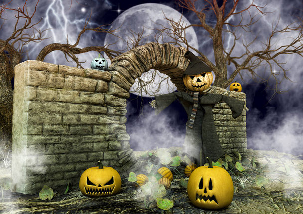 Uno spaventapasseri con una testa di zucca di Halloween in un posto spaventoso
. - Foto, immagini