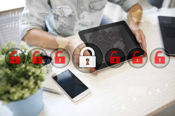 Cyber security, Data protection, information safety and encryption. Internet technology and business concept. Virtual screen with padlock icons. - Photo, Image