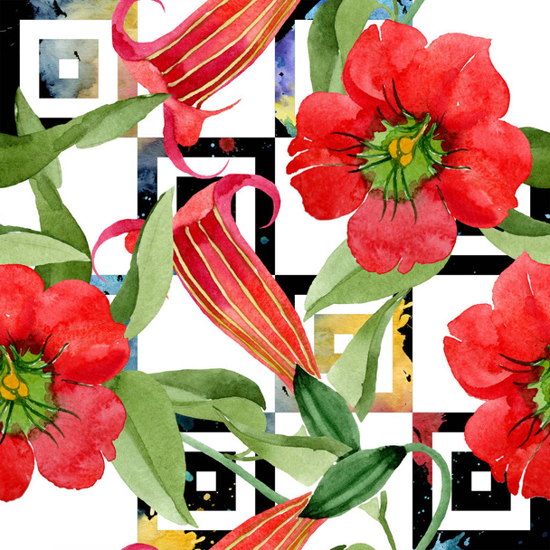 Watercolor red brugmansia flower. Floral botanical flower. Seamless background pattern. Fabric wallpaper print texture. Aquarelle wildflower for background, texture, wrapper pattern, frame or border. - Φωτογραφία, εικόνα