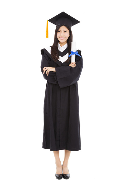 pełnej długości piękny młody graduacyjnej kobieta stojąc z isola - Zdjęcie, obraz