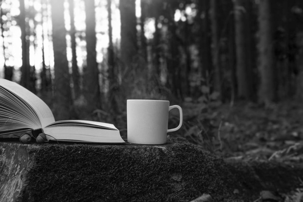 Styl życia obrazu przy filiżance ekscytujący gorącej kawy i otwartej książki, na głównym ścięte drzewo, poza w lesie, w słoneczny dzień. Wypoczynek w przyrodzie. - Zdjęcie, obraz