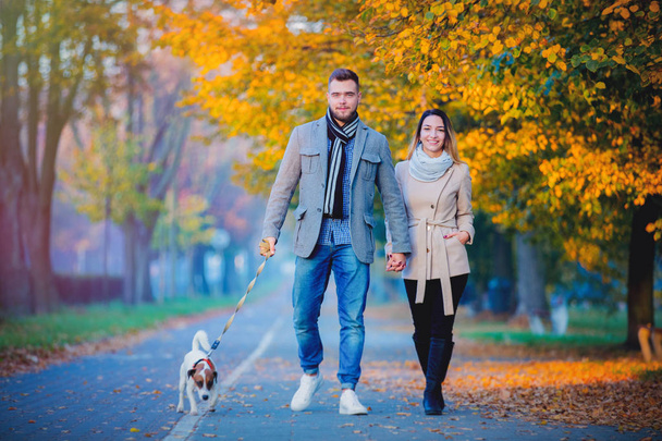 Young couple with dog at autumn season alley.  - Fotoğraf, Görsel