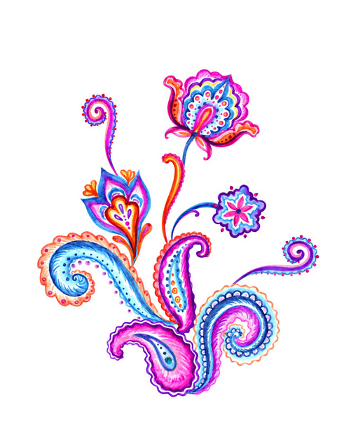 Bouquet of pattern Paisley, the composition of traditional oriental ornament, Indian buta print, watercolor illustration. - Fotó, kép