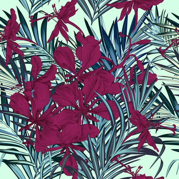 Fashion elegant vector tropical palm leaves and flowers pattern - Вектор, зображення