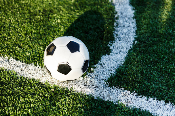 白い線と緑の草の上のサッカー ボールの上から見る ロイヤリティフリー写真 画像素材