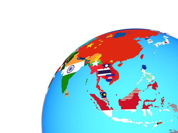 Ασία με ενσωματωμένο εθνικές σημαίες στον κόσμο. 3D απεικόνιση. - Φωτογραφία, εικόνα