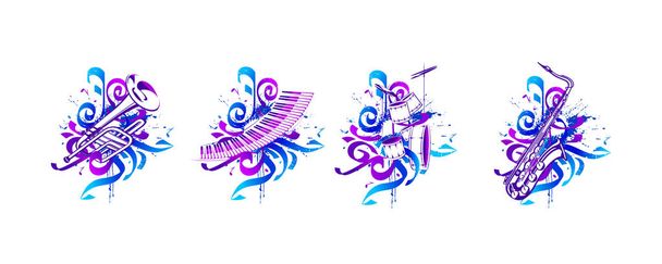 Vector compositions with musical instruments, notes, paint drops, elements of graffiti. - Vector, Image