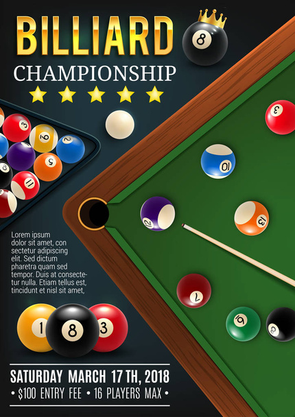 Billiards game table with cue and balls - Vector, Image