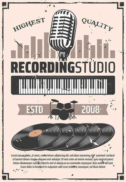 Recording studio microphone, vinyl discs - Vector, Image
