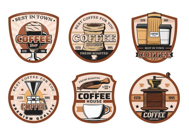 Coffee shop, cups and beans icons - Vector, Image